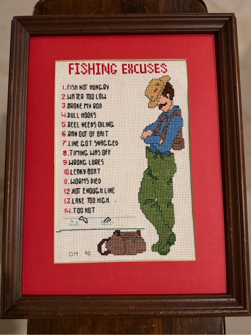 Vintage framed cross stitch fishing artwork